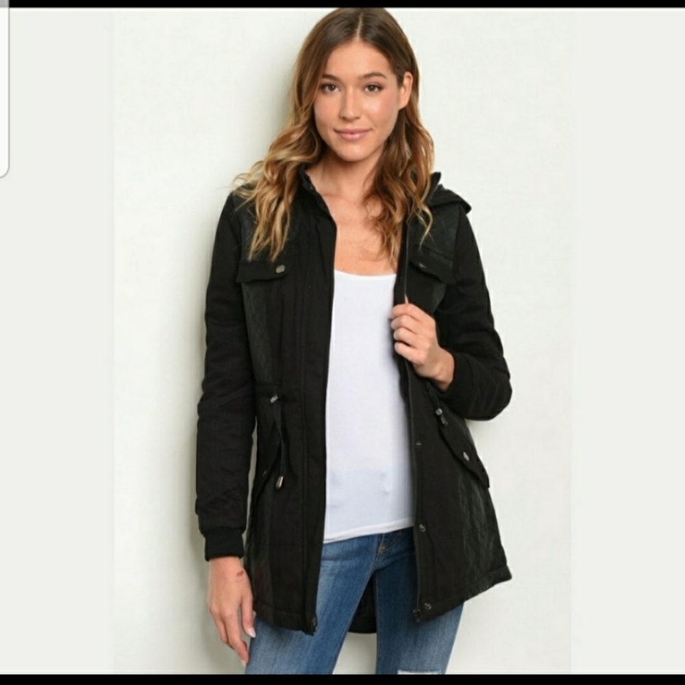 Black Faux Leather Utility Style Drawstring Waist Women's Jacket w/Hood Size L